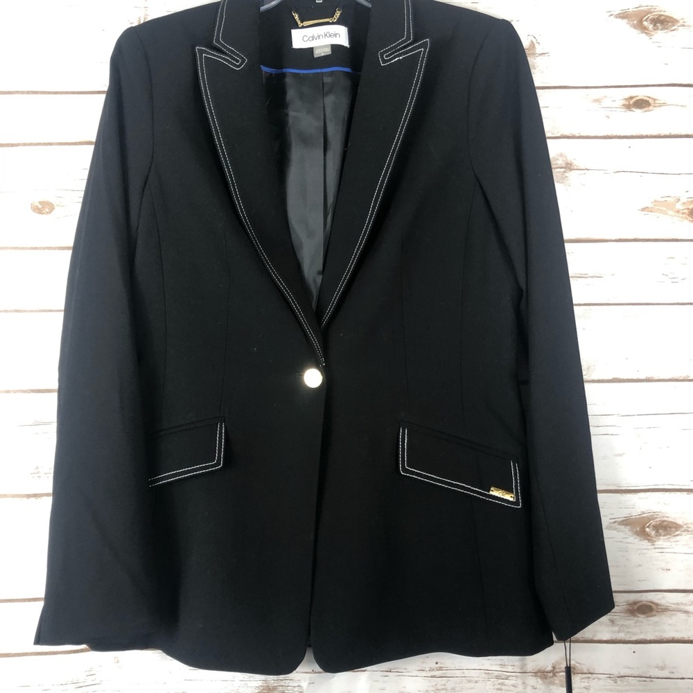 Calvin Klein Black SZ 6 Top-Stitch Career One-Button Blazer
